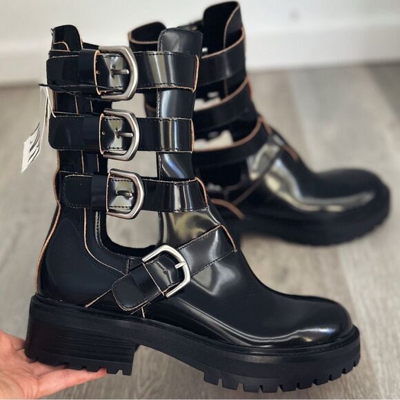 ZARA BUCKLED OPEN DETAIL LEATHER ANKLE BOOTS - Picture 1 of 6